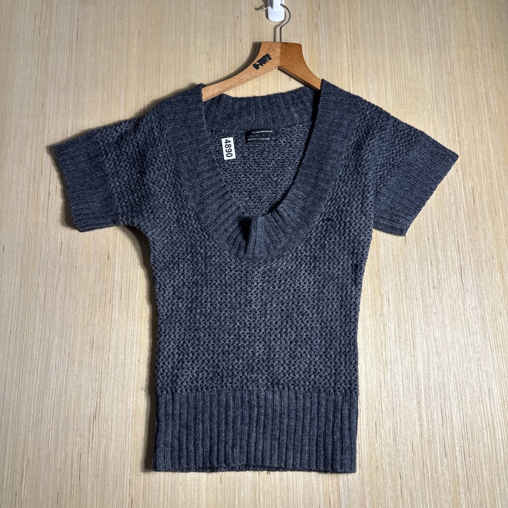 Club Monaco Sweater Womens Small Gray Alpaca Wool Blend Short Sleeve V Neck Knit